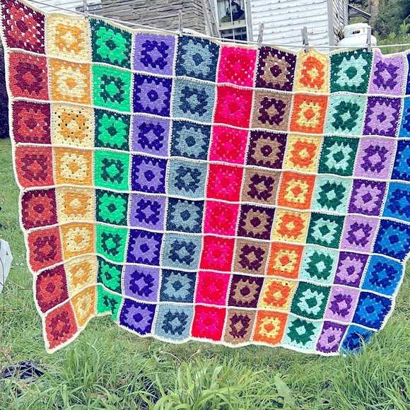 Handmade Vintage Granny Square Afghan Blanket Throw MCM Cottage Boho Festival - Picture 8 of 13